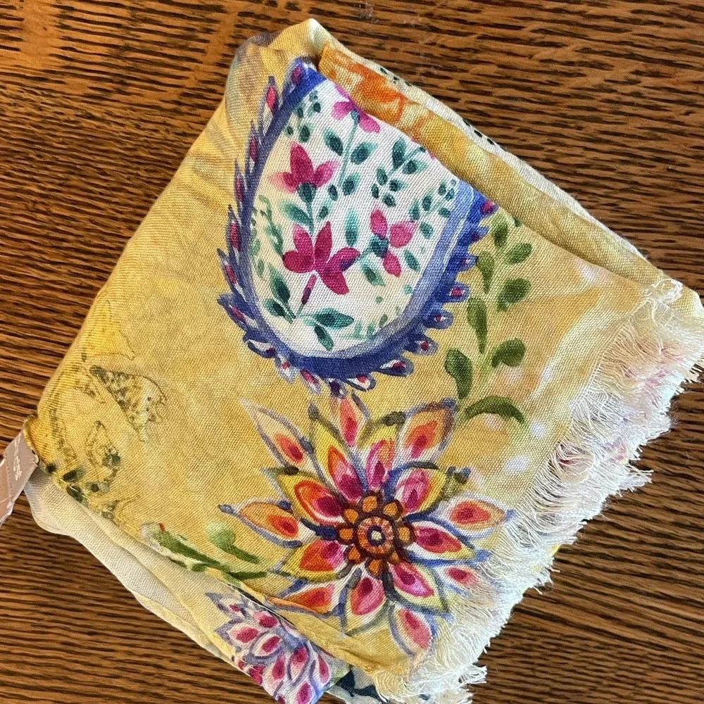 Chico's Floral Paisley Square Scarf Sheer Raw Hem Yellow Multi-Color Lightweight